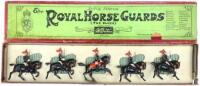 Britains set 2, Royal Horse Guards with Officer in original Whisstock box (Condition Good, one plume dented, box Fair) 1938 (5)