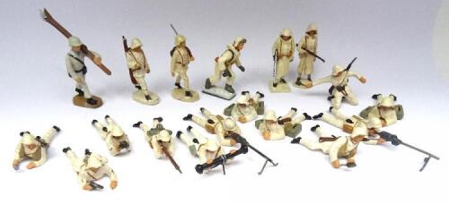 Lineol 70mm scale German Infantry in white Winter Camouflage with three Elastolin, one Russian by RK (tommy gun barrel end missing) and a Leyla Ski Trooper (Condition Very Good, a few cracks) (18)