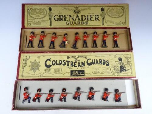 Britains Foot Guards, set 34, Grenadiers firing with Drummer and Officer in original 1930s illustrated box (Condition Good, box Good, insert card missing), set 120, Coldstream Guards kneeling firing with Officer in original Whisstock box (Condition Good, 