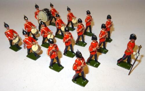 Britains set 321, Drum and Fife Band of the Line with two 'thin' side drummers (Condition Good-Fair, one head loose, eight helmet spikes, one 'thin' drumstick and one side drumstick missing) 1934 (17)