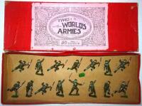 Britains set 195, British Infantry in steel helmets marching at the trail with Officer in original Whisstock box (Condition Good, one man missing, officer baton damaged, box Poor), and set 1615, Infantry in gasmasks, two digging, Officer, four Bombers, fi