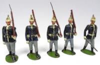 Britains EXTREMELY RARE set 91, US Infantry early variation valise pack figure, white infantry helmet, with wasp waisted Officer (Condition Good, three men missing, one arm loop damaged, two bayonets missing) 1898 (5)