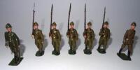 Britains from set 1389, Belgian Infantry in steel helmets marching at the slope five men and two RARE Officers (Condition Very Good, one corner of one man's base missing) (7)