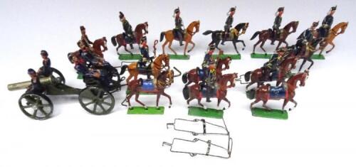 German made 45mm scale Royal Horse Artillery gun team, not matching Limber and Gun, four French seated Gunners and one mounted, five mounted Royal Horse Artillery and an additional Rider (Condition Good, four plumes and some traces missing) (20)