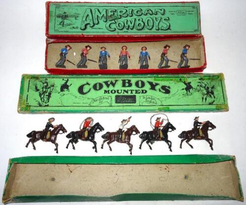 Britains set 179, Mounted Cowboys with pistols and lassoos, two with lassoos have EXTREMELY RARE Export tags moulded to left rear leg of horse, in original Whisstock box (Condition Good-Fair, two horses slightly crushed, one head loose, box Poor) and set 