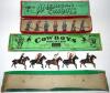 Britains set 179, Mounted Cowboys with pistols and lassoos, two with lassoos have EXTREMELY RARE Export tags moulded to left rear leg of horse, in original Whisstock box (Condition Good-Fair, two horses slightly crushed, one head loose, box Poor) and set 