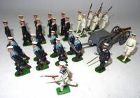 Britains set 79, Royal Navy Landing Party FIRST VERSION with Petty Officer (Condition Good, repainted, strings missing) set 1510, British Sailors in Regulation Dress, Midshipman, repainted Officer, Naval Officer in shorts, German made sailor and from set 