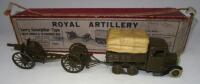 Britains set 1462, Mechanical Artillery caterpillar Tender with short pole limber and 18pdr gun, khaki finish, with Driver in original illustrated box and white rubber tyres (Condition Good, tracks perished, gun wheel rims paint removed, box Poor) (4)