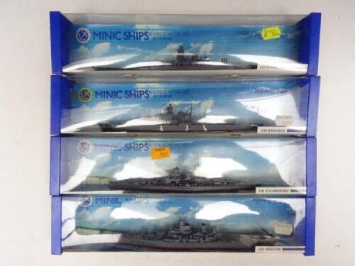 Minic Ships 1/1200 scale M742, Bismark, M743, Missouri, M744 Yamato, M745 Scharnhorst, M715 Canberra, M902, Ocean Terminal, M904 Fleet Anchorage (two) and M905 Quayside in original boxes ,Condition Mint (9 items) (M715 Canberra not included in illustrati