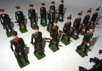 Britains set 98, King's Royal Rifle Corps running at the trail with Officer (Condition Very Good, some retouching, not matching), set 2072, King's Royal Rifle Corps marching at the trail with Officer (Condition Very Good, some retouching) and set 2091, Ri