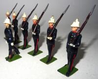 Britains set 1284, Royal Marines marching at the slope and running at the trail with Officers in original ROAN box, with an additional row running (Condition Very Good, one marching missing, three bases not matching, box Poor) (23)