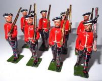 Britains set 1395, King's Own Scottish Borderers marching at the slope (Condition Fair, five cock feathers missing, trews chipped) 1935 (8)