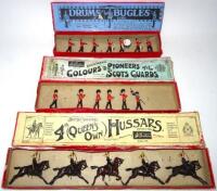 Britains set 8, 4th Hussars with Trumpeter in original Whisstock box, set 30, Drums and Bugles of the Line in original 1930s box (drum major baton missing, one side drumstick broken), set 82, Pioneers and Colours of the Scots Guards in original Whisstock 