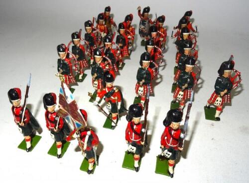 Britains Black Watch, set 2109 Highland Pipe Band with Pipe Major and one additional piper (Condition Good, three pipers Good-Fair, one tenor drumstick missing, tenor and bass drum transfers flaked, one side drum and two pipers not matching, and set 2111 