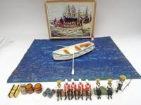 Under Two Flags British Man of War Boat in the harbour of Alexandria 1882, wooden boat, two oars, flag, four Sailors, four Troops and eight items of supply in original box (Condition Excellent, boxes Very Good) supplied by GB and the Empire, sea not inclu