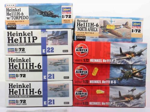 Eight Hasegawa and Airfix 1:72 scale Heinkel He111 Bomber model kits