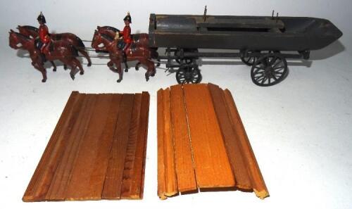 Britains set 203, Royal Engineers Pontoon Section SECOND VERSION, light harness, wagon with fumed metal finish (Condition Fair two helmet spikes and roadways replaced, some neat retouching to drivers) 1926 (7)