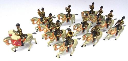 Britains set 101, Band of the 1st Life Guards SECOND VERSION, blue and gold coats, slotted arms, with Drum Horse and Bombardon (Condition Very Good) 1901 (12)