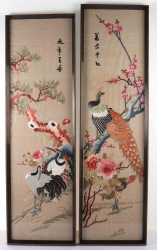 A near pair of Japanese embroidered silk panels