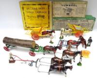 Britains horsedrawn Farm Vehicles and Implements sets 4F Tumbrel with Carter in original box (Condition Good, box Poor), with another, repainted, with Carter (Condition Good, set 6F, General Purpose Plough with Ploughman in original box (Condition Good, t