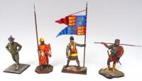 Russian painted 54mm standing Knight with England banner and Man at arms with lance, with two other figures HIGHLY DETAILED (Condition Excellent) (4)