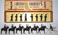 Britains Belgian troops, set 2009, Grenadiers at the slope with Officer in original ROAN box (Condition Excellent, box Poor) and set 190, Chasseurs at the halt with Officer on cantering horse and two additional troopers (Condition Good, all but one plume 