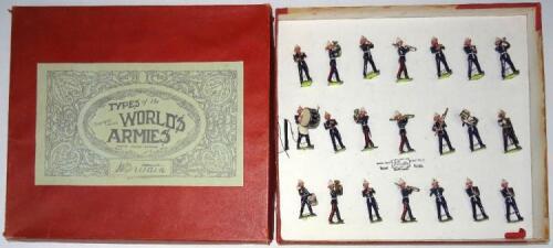 Britains set 1288, Band of the Royal Marines FIRST VERSION, drum corps in gaiters, same instrumentation as Coldstream Guards, in a reproduction box (Condition Very Good, two helmet balls missing) 1933 (21)