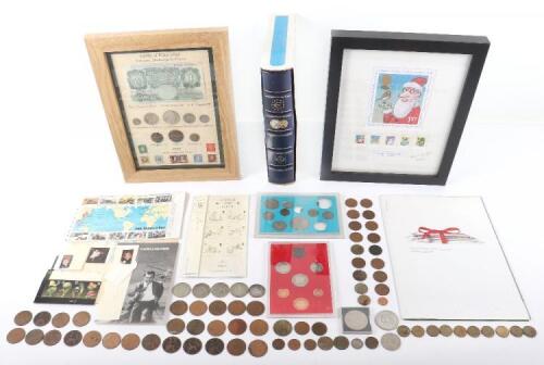 A mixed lot of coins, notes and stamps