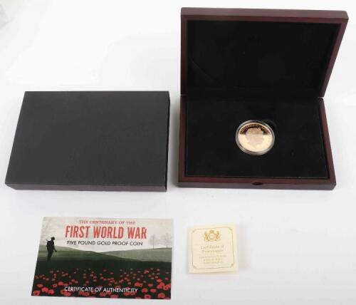 2018 ‘The WWI Centenary Dove of Peace’ proof Five Pound gold coin, (22ct), 39.94g