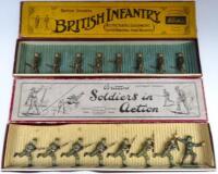 Britains Troops in khaki, set 195, British Infantry in steel helmets with Officer in original Whisstock box (Condition Very Good, box Fair), set 1613 British Infantry in gas masks charging with Officer (sword and pistol damaged) in original Soldiers in Ac