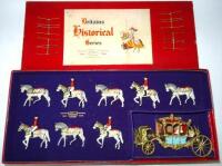 Britains set 1470, State Coach of Elizabeth II blue panels, in original Historical Series box (Condition Excellent, cellophane window loose, box Good) and set 1475, Attendants to State Coach (Condition Excellent, box Good, with six additional figures (Con