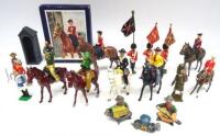 Timpo HM Queen in original box three colour bearers (two flags missing) and Cowboys with campfire, with various other figures by other makers, some repainted (Condition Very Good-Good, one damaged, box Good) (18)