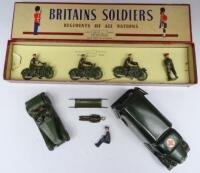 Britains set 1791 Dispatch Riders with walking Officer in original ROAN box, 1448 Staff Car (box torn up), matt green finish and 1512 Army Motor Ambulance, dark green finish, with driver, stretcher and casualty in original box (Condition Very Good, embell