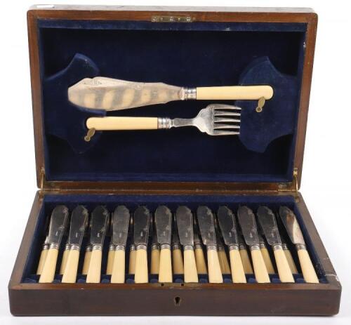 An early 20th century silver plate and bone handle fish knife and fork set