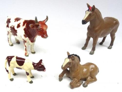Britains RARE 1955 issue Farm Animals 782 Suffolk Mare, 783 Suffolk Foal 784 Ayrshire Bull and 786 Ayrshire Calf (Condition Excellent-Very Good) (4)