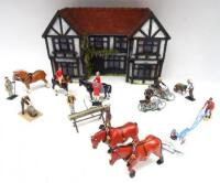 The Royal Oak Inn Britains set 8704 Home Farm Plough, HM of GB Sawing the Log, Man helping Lady off horse, Gardener with Vegetables, Stallion Man, Motorbike Tourists, Huntsmen etc. in some original boxes (Condition Excellent, boxes Very Good) (20)