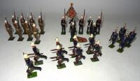 Britains Royal Marines set 9, Royal Marines running at the trail with Officer (Condition Good) 1935, with four additional men in infantry helmets (Condition Good, arms replaced), Royal Marines at the slope with Officer neatly repainted as set 1619, Tropic