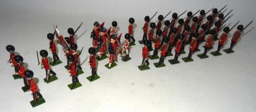 Britains Scots Guards, set 2084 Colour Party in original ROAN box (Condition Very Good, queen's colour missing, lion missing from regimental colour, box Poor) and set 75 marching at the slope with Officer and Piper (Condition Very Good, box Poor) with add