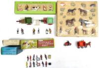 Britains Lilliput sets two Farm and two LP 511 Passengers, with three original boxes, a Tumbrel Cart, Farm People, red Motorcycle, Lesney Matchbox Milk Cart and a Tumbrel Cart by another maker with Britains empty Picture Pack boxes 274B and 5038 (Conditio