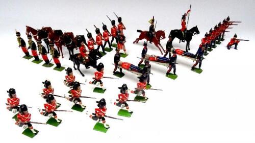 Britains set 182, 11th Hussars dismounted with horses, Highlanders, Fusiliers, Infantry and three RAMC stretcher parties etc. (Condition Good, two helmet balls missing, two damaged, some repair and retouching) (46)