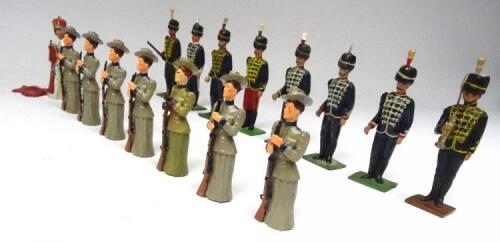 Britains converted Yeomanry, mounted and dismounted various regiments, with a repainted Crescent Queen and seven New Toy Soldier Women's Rifle Volunteers( Condition Excellent) (28)