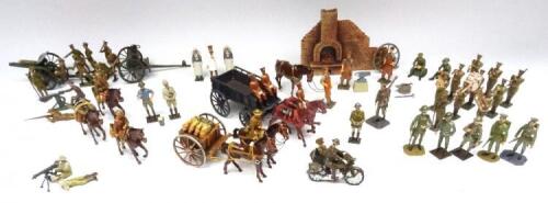 World War I by various makers: Tommy Atkins Forge two horse supply wagon and packhorse, repainted Britains general service supply wagon, ten piece Band at attention Toy Army Workshop 18pdr Gun, Limber and Crew with others, some in original boxes (Conditio