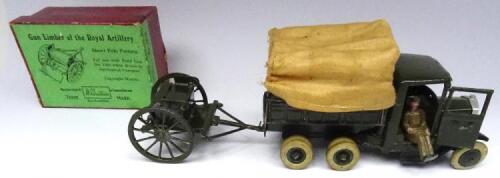 Britains set 1432, Ten wheel Tender square nose, smooth white tyres, with driver (Condition Good, tailgate damaged) and 1479 Short Pole Limber, dark green finish in original illustrated box (Condition Good, box Good) 1938 (3)