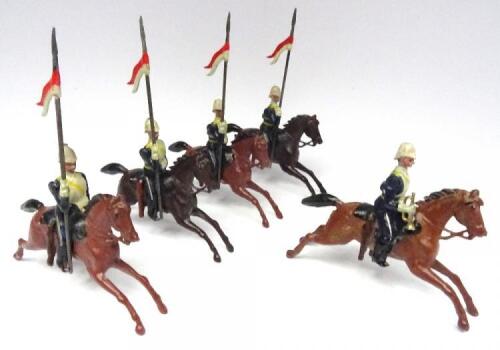 Britains set 81, 17th Lancers in 'Ulundi' service dress FIRST VERSION, 'Rocking Horses' with Trumpeter (Condition Very Good) 1898 (5)