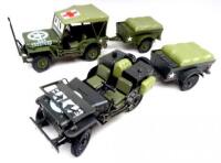 Kaden 1/24 scale Willys Jeep and another as Ambulance, both with trailer (Condition Excellent) (4)