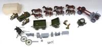 Toy Army Workshop 1930s Staff Car and two Dispatch Riders steel helmets, eight team horses, Peerless Lorry Chassis, unmounted Searchlight, , Lorry cover, two Trailers, two Gunners, Limber under repair, and unpainted, eight lorry parts and nine tools (Cond