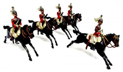 Britains set 43, 2nd Life Guards SECOND VERSION short carbines on one eared horses at the gallop dated 1.1.1901 with Trumpeter (Condition Good-Fair, one plume dented) 1905 (5)