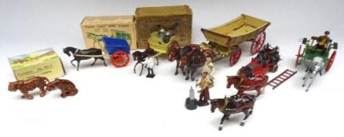 Britains set 5F Farm Waggon with two horses and carter (Condition Good-Fair), 40F Farm Cart, 45F Milk Float and Zoo Picture Pack 9015 Tiger and Tigress in original boxes, with 20F Farmer's Gig (Farmer replaced), Hill Fire Engine with incorrect ladder and 