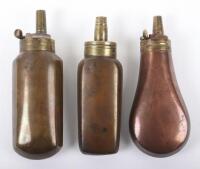 3x Assorted Copper Powder Flasks of the Type Fitted with Cased Pistols