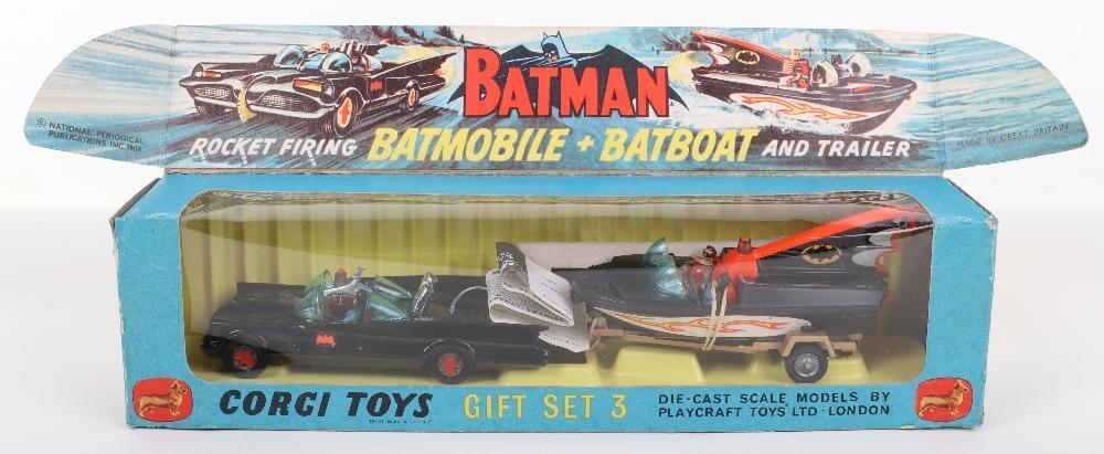 A near-mint first-version Corgi Toys Gift Set 3 with Batmobile, Batboat, trailer and original display box.